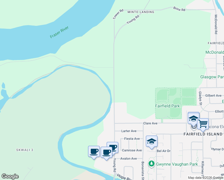 map of restaurants, bars, coffee shops, grocery stores, and more near 10371 Young Road North in Chilliwack