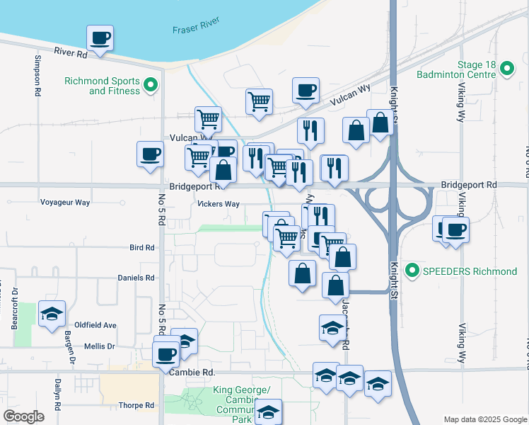 map of restaurants, bars, coffee shops, grocery stores, and more near in Richmond