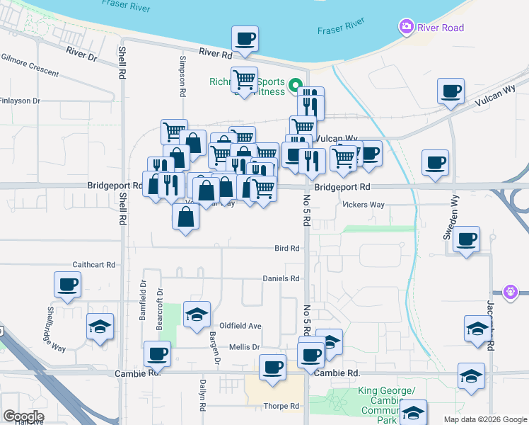 map of restaurants, bars, coffee shops, grocery stores, and more near 11760 Voyageur Way in Richmond