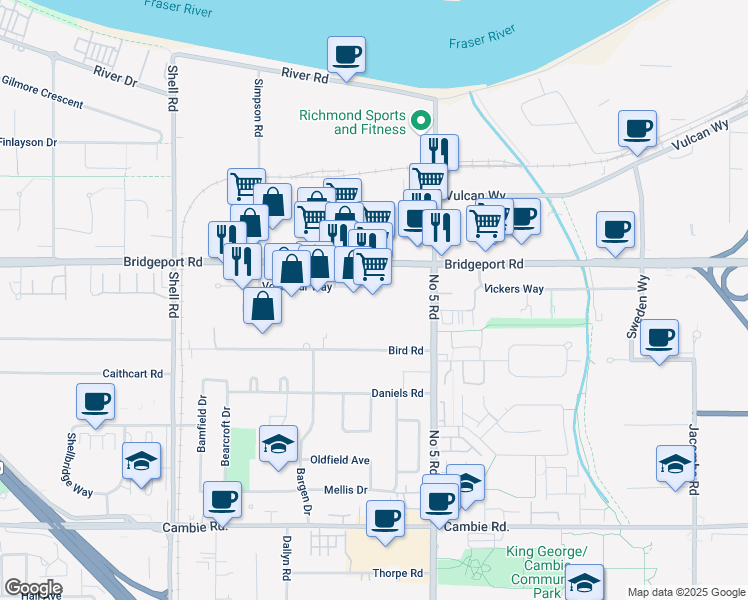 map of restaurants, bars, coffee shops, grocery stores, and more near 11760 Voyageur Way in Richmond