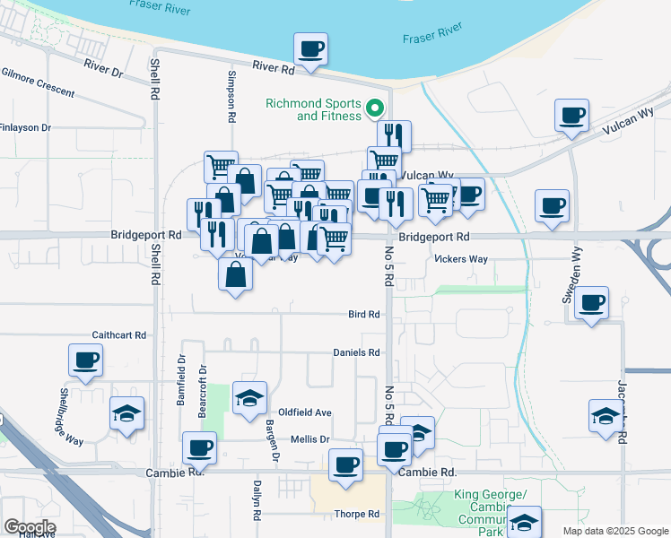map of restaurants, bars, coffee shops, grocery stores, and more near 11760 Voyageur Way in Richmond