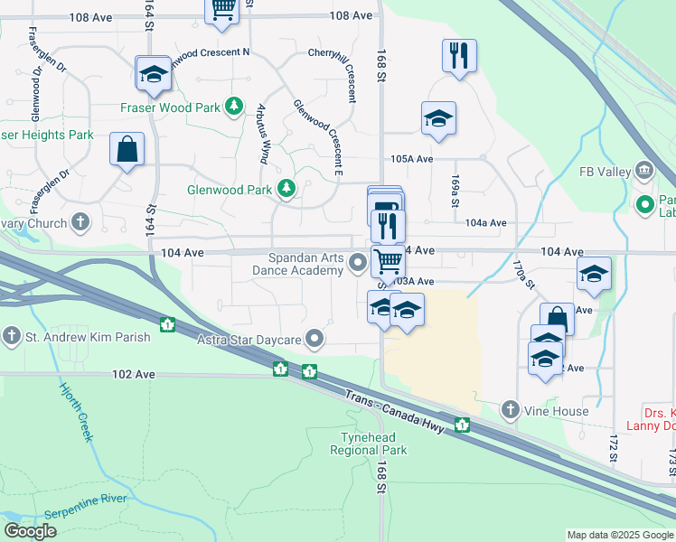 map of restaurants, bars, coffee shops, grocery stores, and more near 10368 167 Street in Surrey