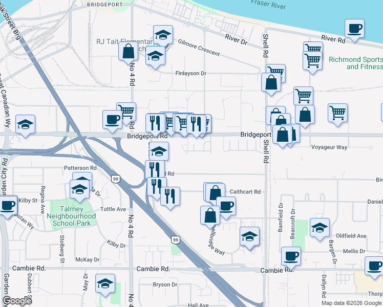 map of restaurants, bars, coffee shops, grocery stores, and more near 3111 Beckman Place in Richmond