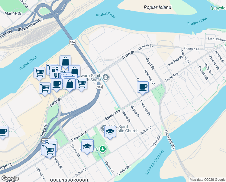 map of restaurants, bars, coffee shops, grocery stores, and more near 327 Wood Street in New Westminster
