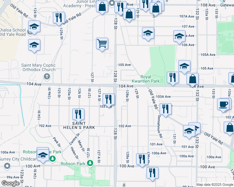 map of restaurants, bars, coffee shops, grocery stores, and more near 10362 128 Street in Surrey