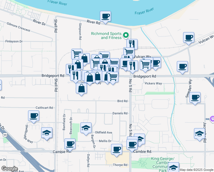 map of restaurants, bars, coffee shops, grocery stores, and more near 11720 Voyageur Way in Richmond