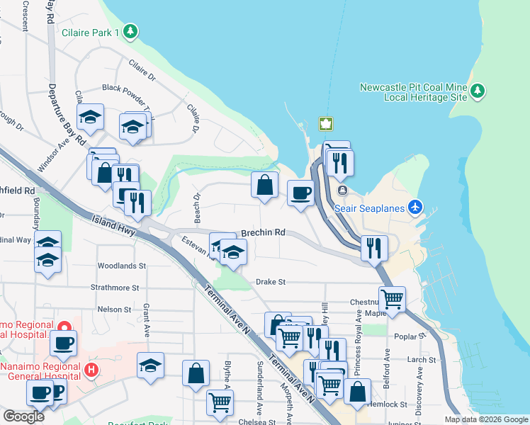 map of restaurants, bars, coffee shops, grocery stores, and more near 2190 Ocean Terrace in Nanaimo
