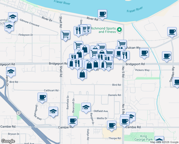map of restaurants, bars, coffee shops, grocery stores, and more near 11460 Voyageur Way in Richmond