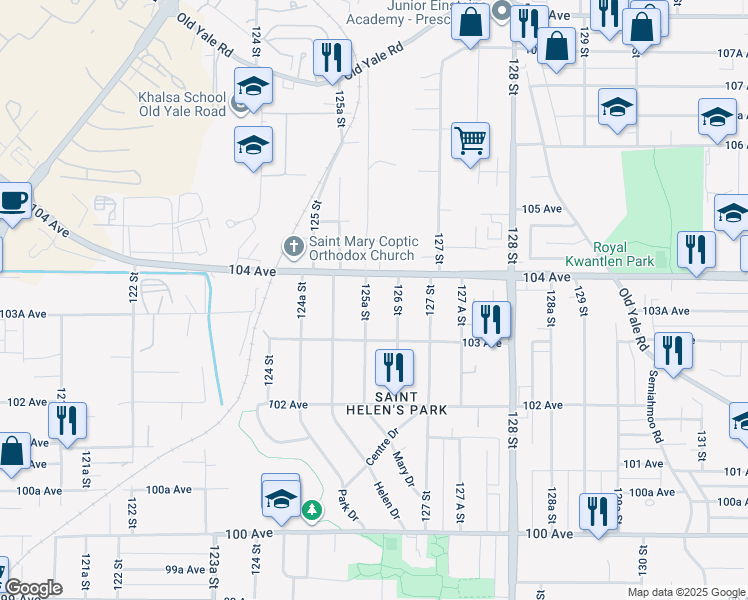 map of restaurants, bars, coffee shops, grocery stores, and more near 10360 125A Street in Surrey