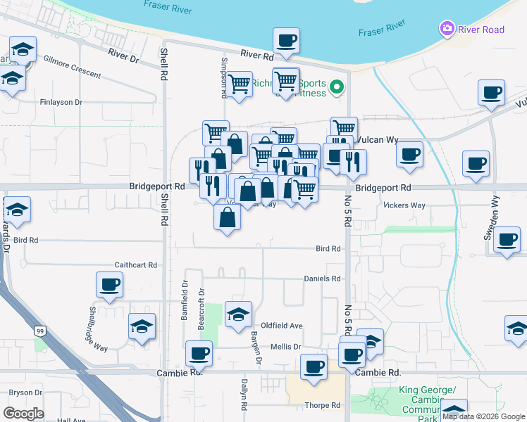 map of restaurants, bars, coffee shops, grocery stores, and more near 11520 Voyageur Way in Richmond