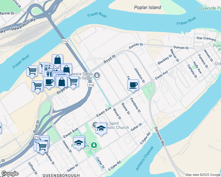 map of restaurants, bars, coffee shops, grocery stores, and more near in New Westminster
