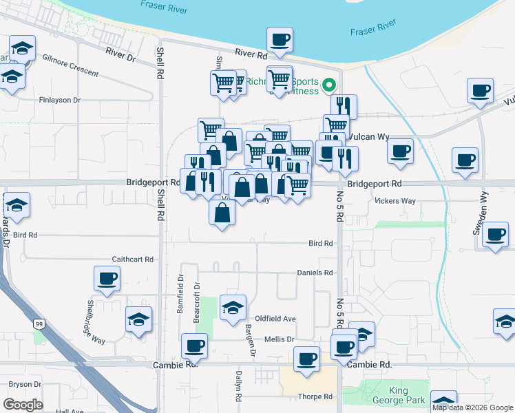 map of restaurants, bars, coffee shops, grocery stores, and more near 11520 Voyageur Way in Richmond