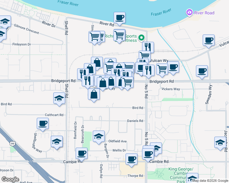 map of restaurants, bars, coffee shops, grocery stores, and more near 11520 Voyageur Way in Richmond