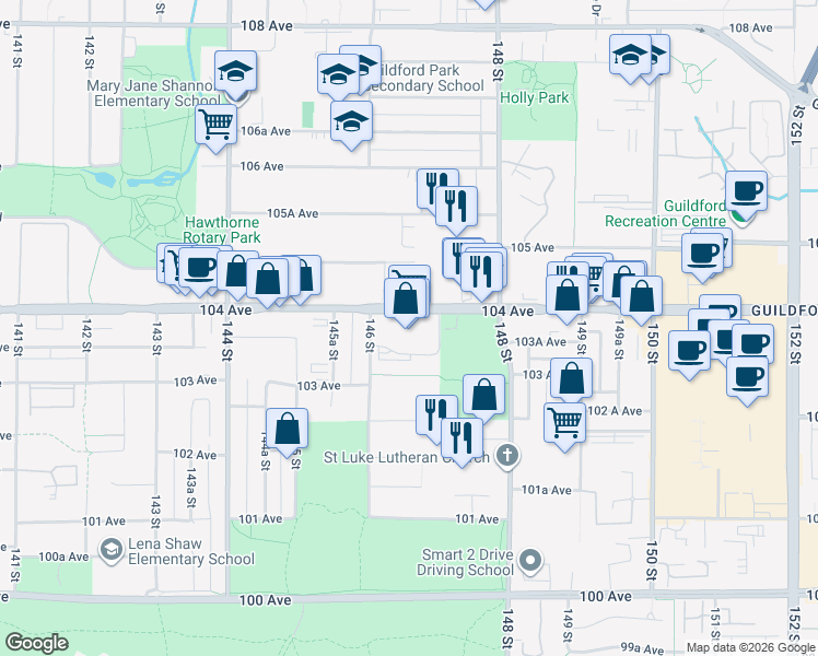 map of restaurants, bars, coffee shops, grocery stores, and more near 14650 104 Avenue in Surrey