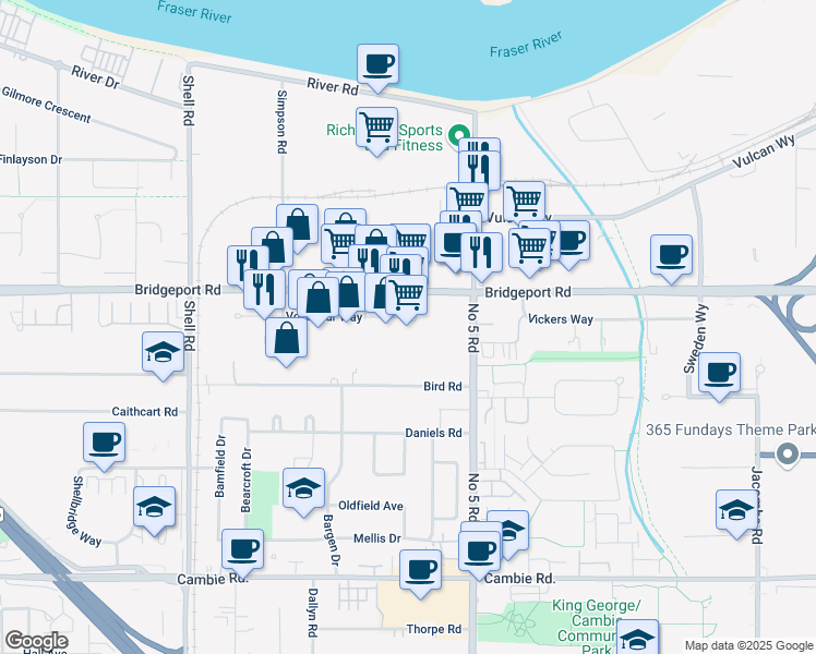 map of restaurants, bars, coffee shops, grocery stores, and more near in Richmond