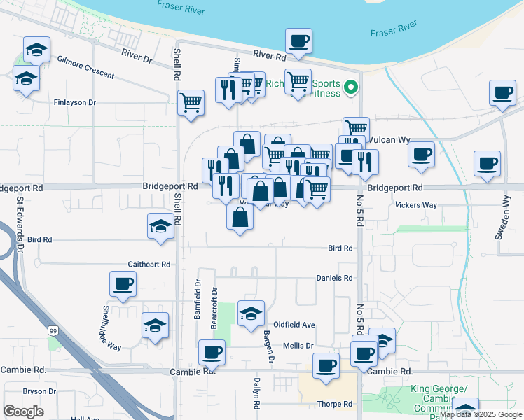 map of restaurants, bars, coffee shops, grocery stores, and more near in Richmond