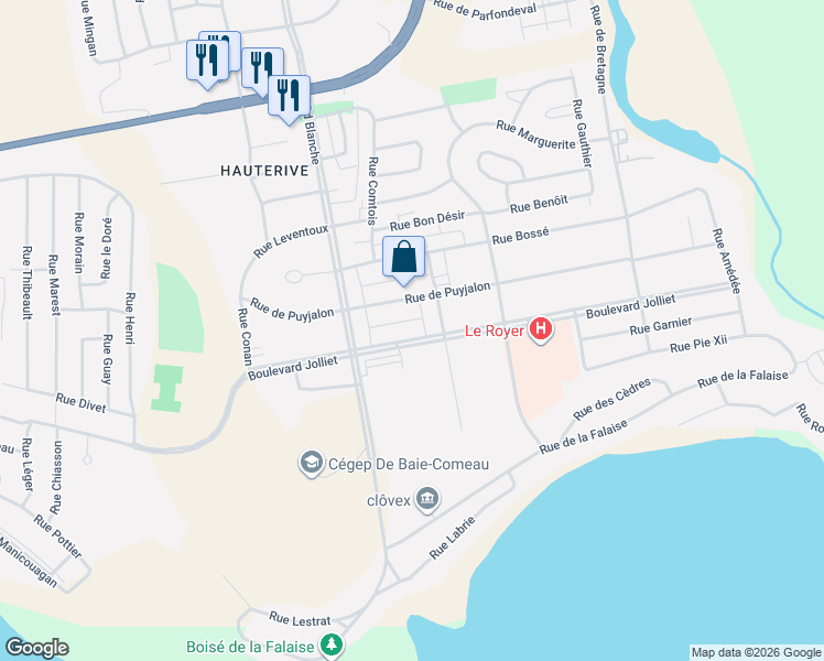 map of restaurants, bars, coffee shops, grocery stores, and more near 852 Boulevard Joliet in Baie-Comeau