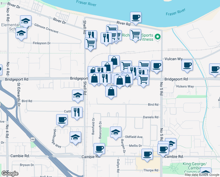 map of restaurants, bars, coffee shops, grocery stores, and more near 10-11220 Voyageur Way in Richmond