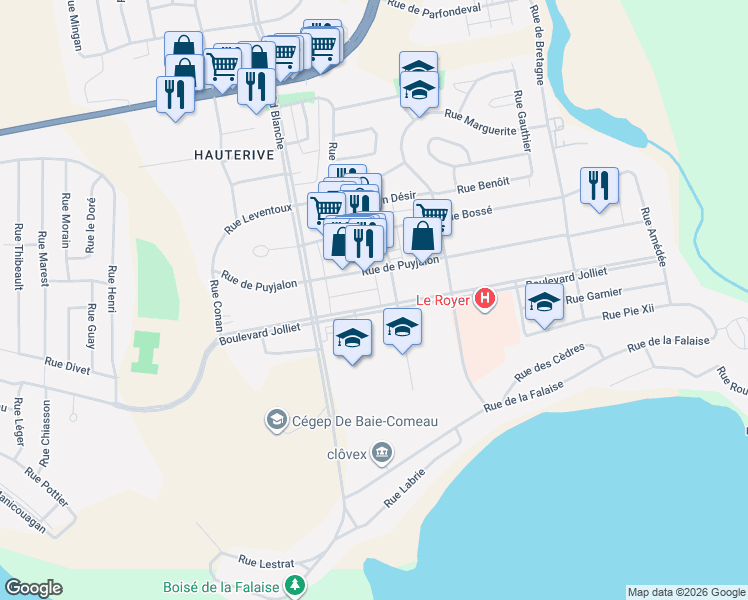 map of restaurants, bars, coffee shops, grocery stores, and more near 852 Boulevard Joliet in Baie-Comeau