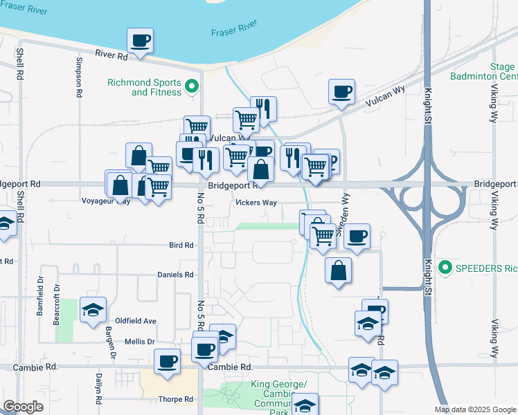 map of restaurants, bars, coffee shops, grocery stores, and more near 12280 Vickers Way in Richmond