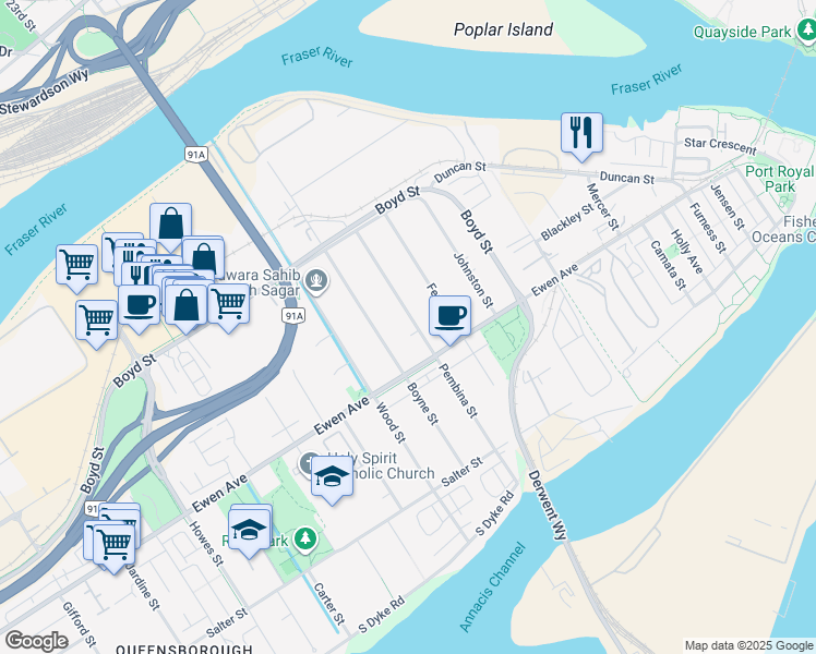 map of restaurants, bars, coffee shops, grocery stores, and more near 316 Pembina Street in New Westminster