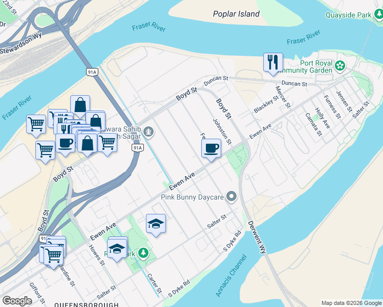 map of restaurants, bars, coffee shops, grocery stores, and more near 316 Pembina Street in New Westminster
