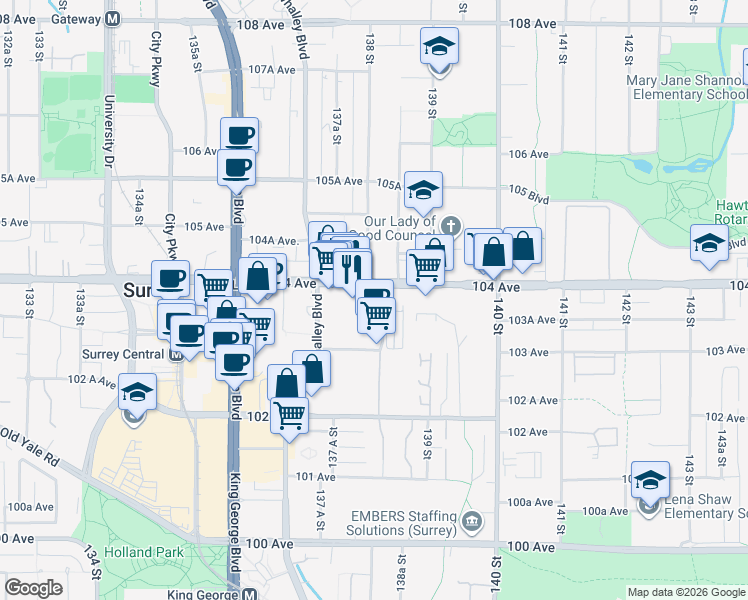 map of restaurants, bars, coffee shops, grocery stores, and more near 13820 104 Avenue in Surrey