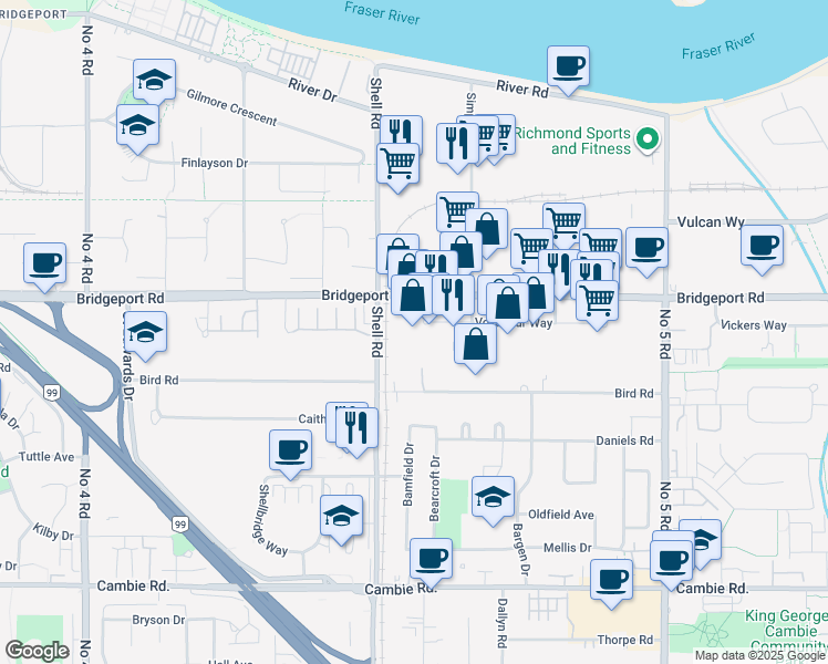 map of restaurants, bars, coffee shops, grocery stores, and more near 11120 Bridgeport Road in Richmond