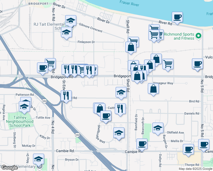 map of restaurants, bars, coffee shops, grocery stores, and more near Airey Drive in Richmond