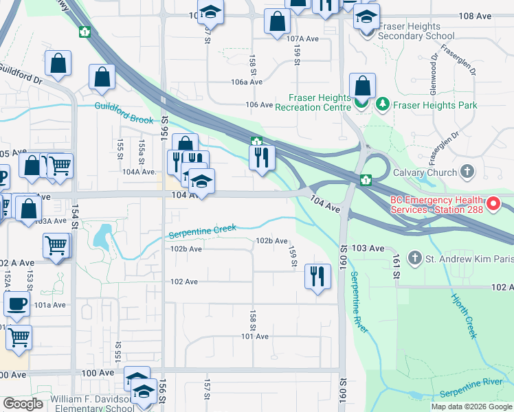 map of restaurants, bars, coffee shops, grocery stores, and more near 15808 104 Avenue in Surrey