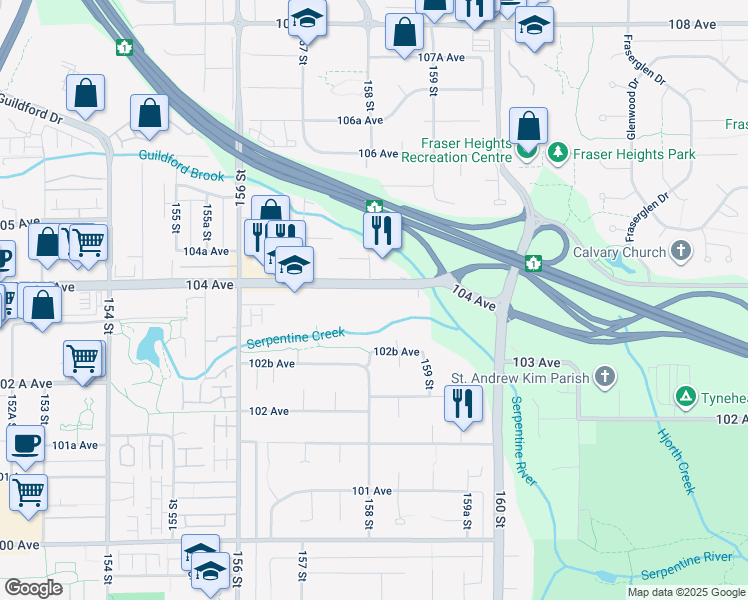 map of restaurants, bars, coffee shops, grocery stores, and more near 15808 104 Avenue in Surrey