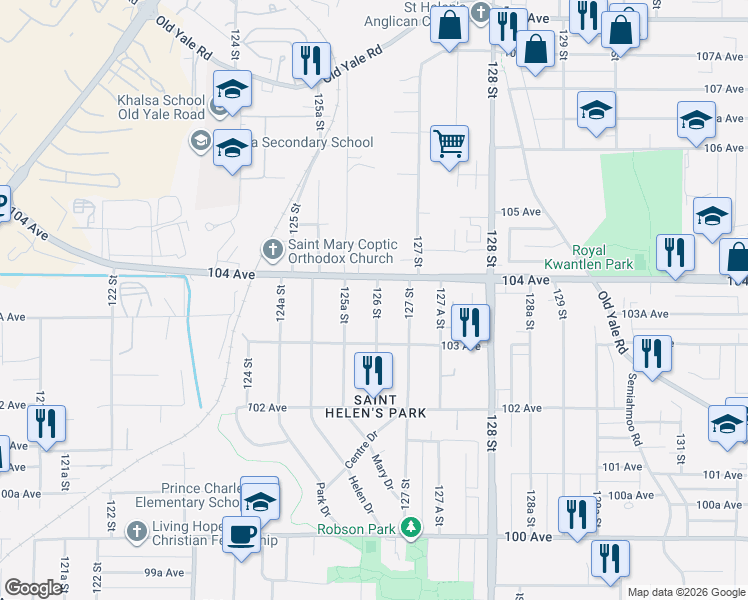 map of restaurants, bars, coffee shops, grocery stores, and more near 10346 126 Street in Surrey