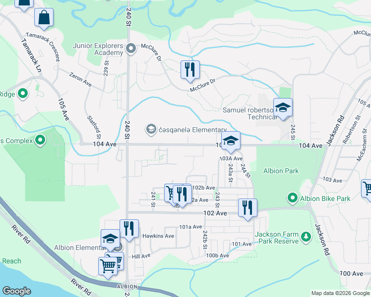 map of restaurants, bars, coffee shops, grocery stores, and more near 24176 104 Avenue in Maple Ridge