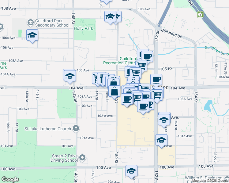 map of restaurants, bars, coffee shops, grocery stores, and more near 14980 104 Avenue in Surrey