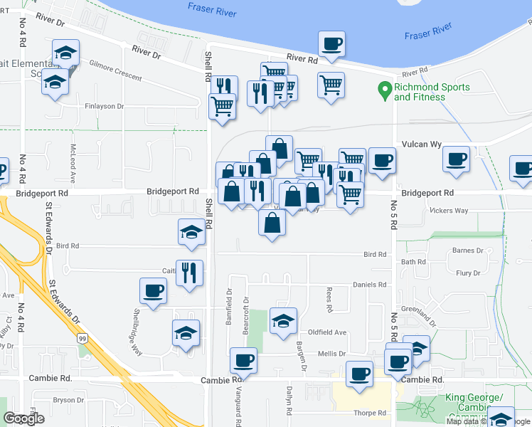 map of restaurants, bars, coffee shops, grocery stores, and more near 11220 Voyageur Way in Richmond
