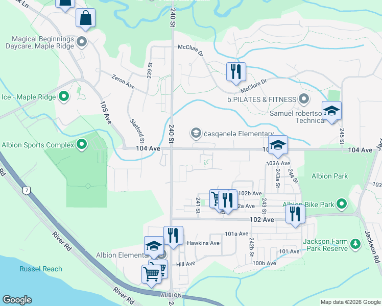 map of restaurants, bars, coffee shops, grocery stores, and more near 24060 104 Avenue in Maple Ridge