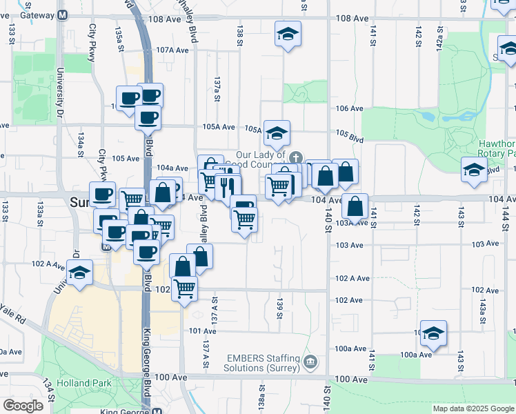map of restaurants, bars, coffee shops, grocery stores, and more near 13878 104 Avenue in Surrey
