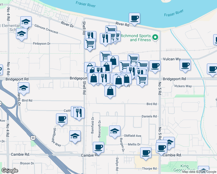 map of restaurants, bars, coffee shops, grocery stores, and more near 11220 Voyageur Way in Richmond