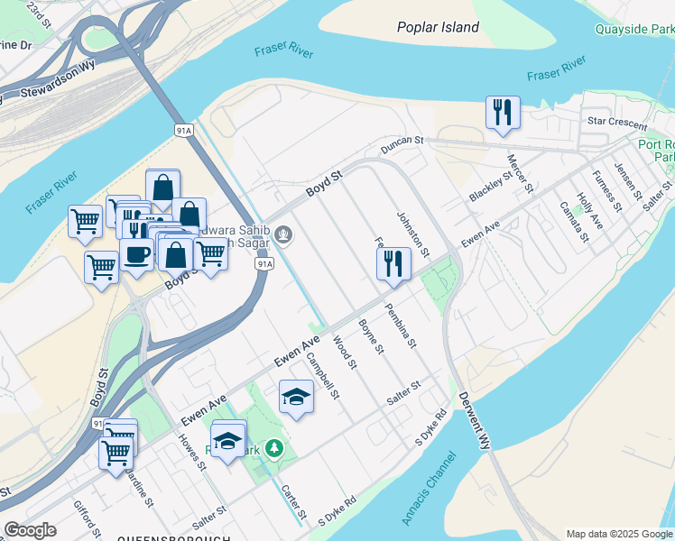 map of restaurants, bars, coffee shops, grocery stores, and more near 319 Boyne Street in New Westminster