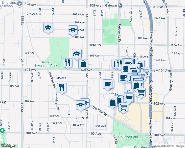 map of restaurants, bars, coffee shops, grocery stores, and more near 13226 104 Avenue in Surrey
