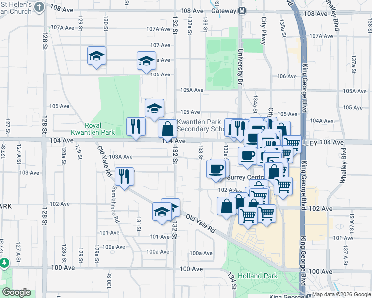 map of restaurants, bars, coffee shops, grocery stores, and more near 13226 104 Avenue in Surrey