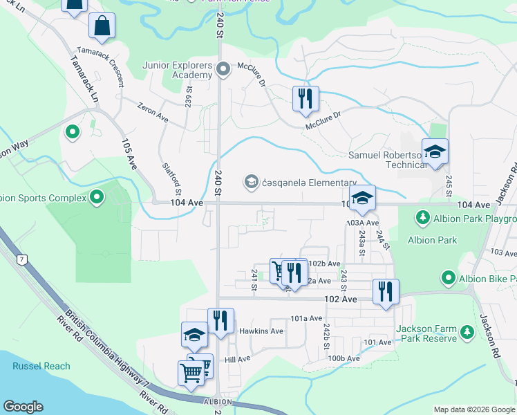 map of restaurants, bars, coffee shops, grocery stores, and more near 24060 104 Avenue in Maple Ridge