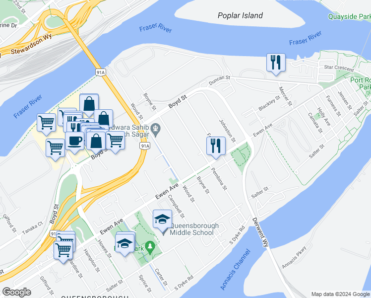 map of restaurants, bars, coffee shops, grocery stores, and more near 319 Boyne Street in New Westminster