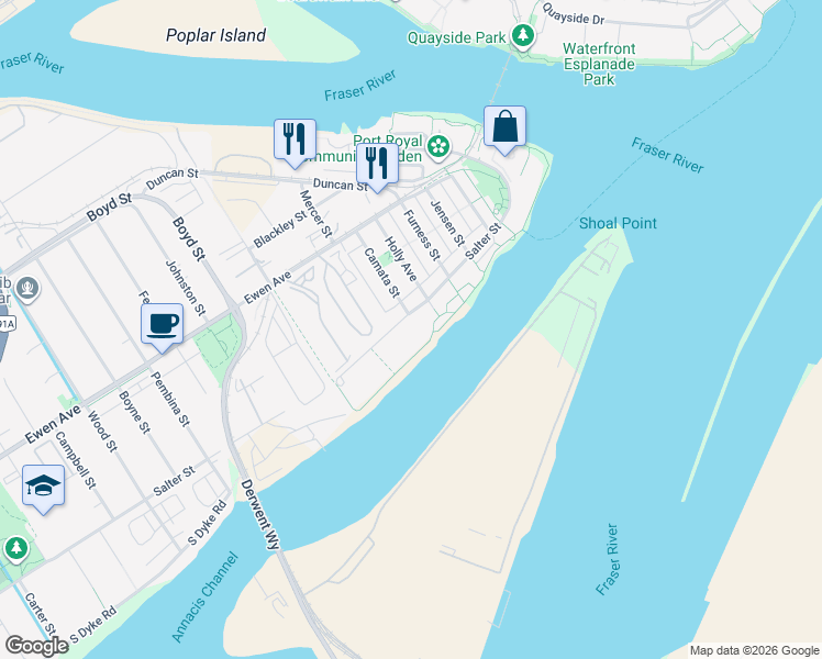 map of restaurants, bars, coffee shops, grocery stores, and more near 262 Salter Street in New Westminster
