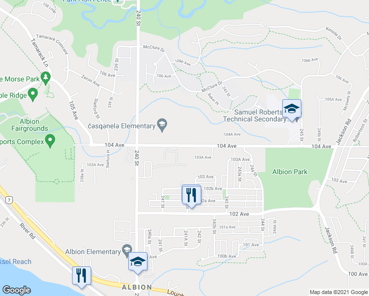 map of restaurants, bars, coffee shops, grocery stores, and more near 24156 104 Avenue in Maple Ridge