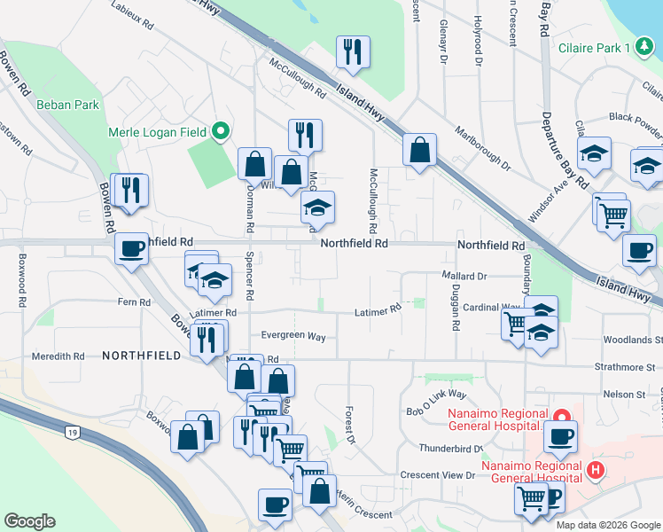map of restaurants, bars, coffee shops, grocery stores, and more near 2177 Lancashire Avenue in Nanaimo