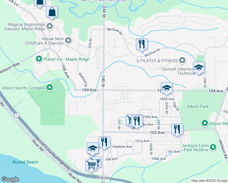 map of restaurants, bars, coffee shops, grocery stores, and more near 10392 240 Street in Maple Ridge