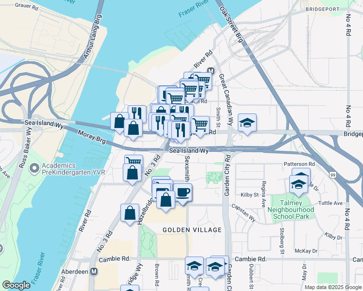 map of restaurants, bars, coffee shops, grocery stores, and more near 8575 Sea Island Way in Richmond