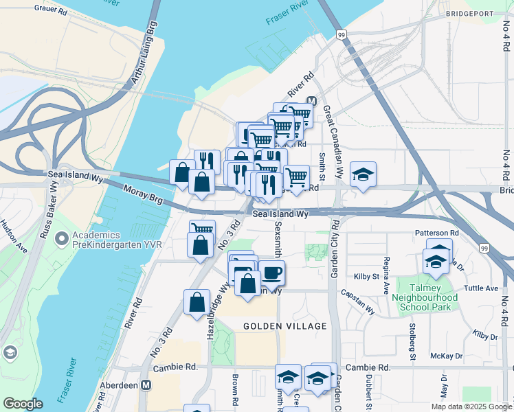 map of restaurants, bars, coffee shops, grocery stores, and more near 8525 Sea Island Way in Richmond