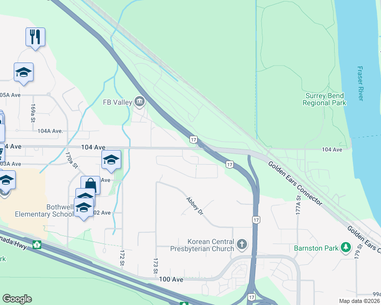 map of restaurants, bars, coffee shops, grocery stores, and more near 17418 104 Avenue in Surrey